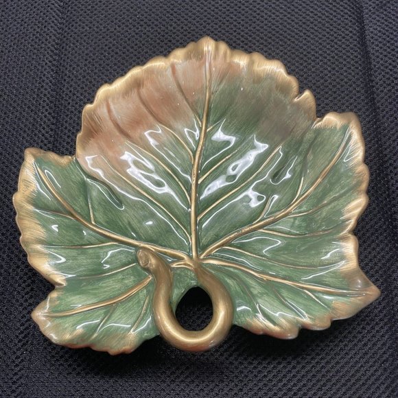 Fitz and Floyd Other - Fitz & Floyd Renaissance Ceramic Trinket Dish Plate - Green Gold Fall Leaf - 7"